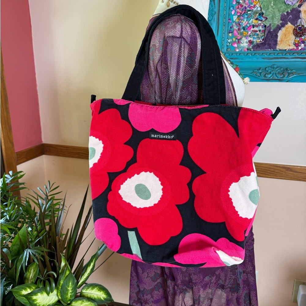 Marimekko Shoulder Bag Designer Poppies Floral Pink Red Canvas